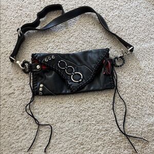 Black Leather Crossbody Clutch with Silver Hardware Vintage 2000s